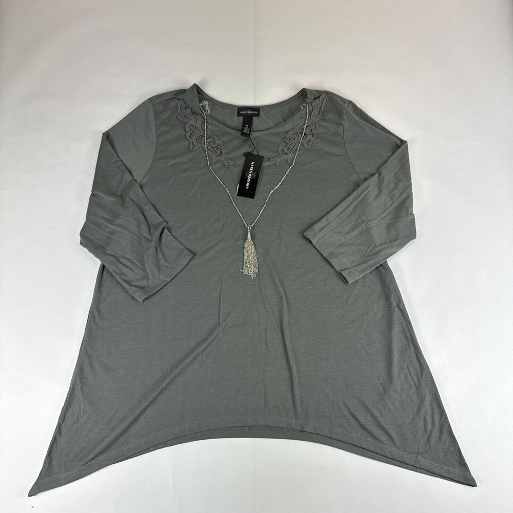 Karen Brooks Blouse Womens 2X‎ Gray Long Sleeve Tunic Shirt Crochet Stretch NEW